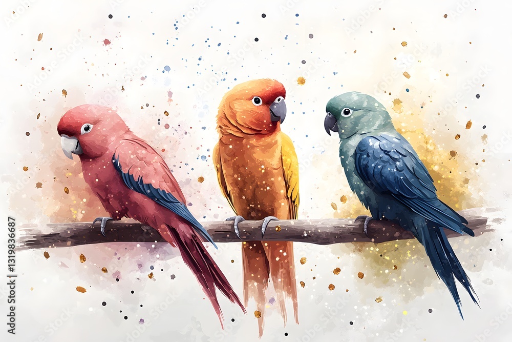 Naklejka premium Colorful parrots perched on a branch in a vibrant and artistic illustration