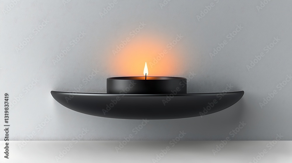 Lit Candle on Modern Shelf. Lit Candle on Modern Shelf.