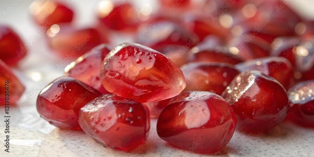 Bright red pomegranate seeds glistening on a clean surface showcase their vibrant color and juicy texture for culinary inspiration