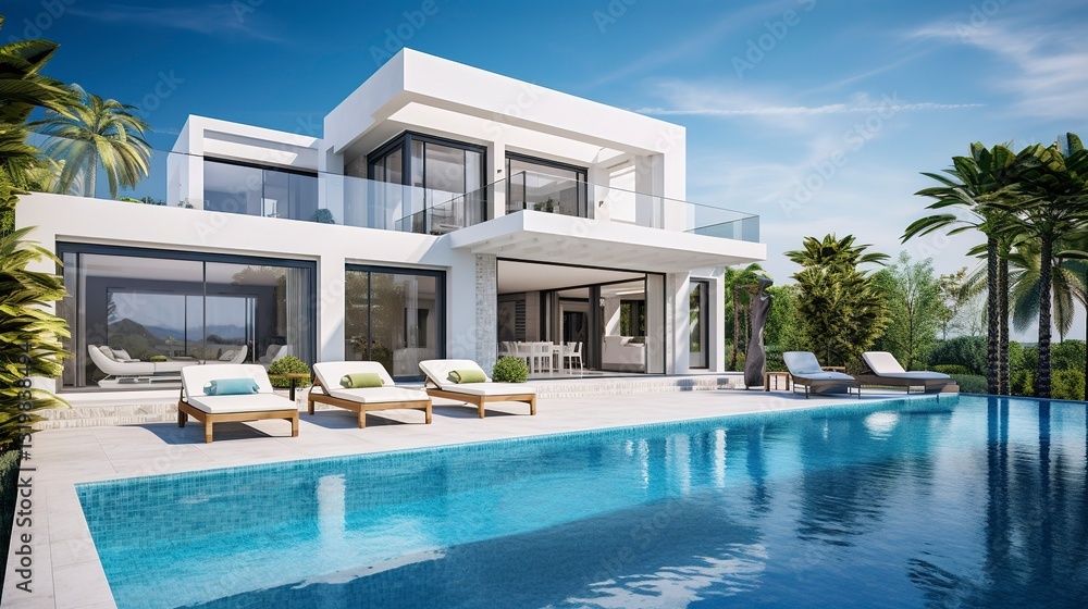 Fototapeta premium A photo of a luxury villa with a swimming pool