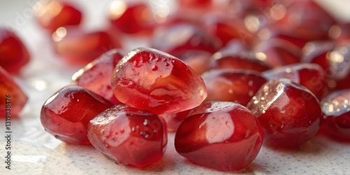 Bright red pomegranate seeds glistening on a clean surface showcase their vibrant color and juicy texture for culinary inspiration