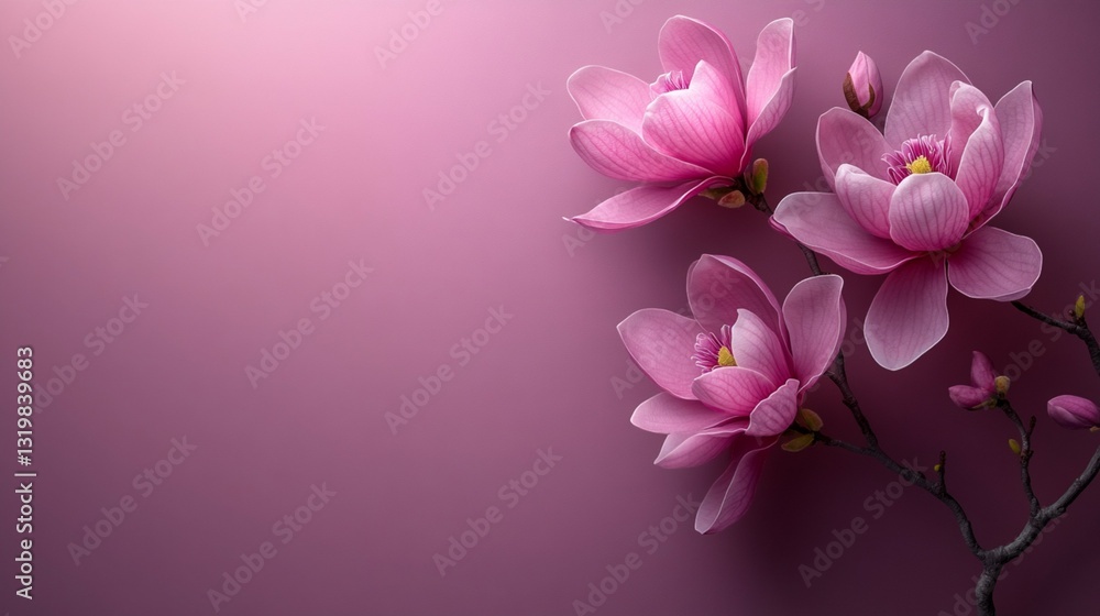 Naklejka premium Magnolia Flowers on a Solid Background with Half of the Background Empty 