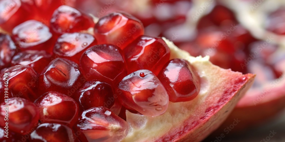 Freshly sliced pomegranate showcasing vibrant seeds during a sunny afternoon in a kitchen setting