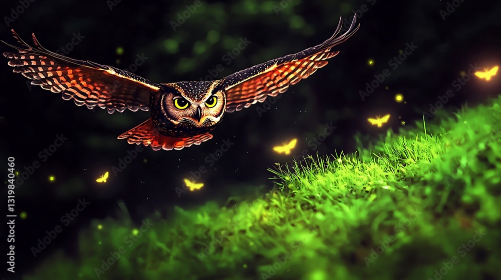 Majestic owl soaring through a lush green landscape at dusk, surrounded by glowing fireflies Majestic owl soaring through a lush green landscape at dusk, surrounded by glowing fireflies