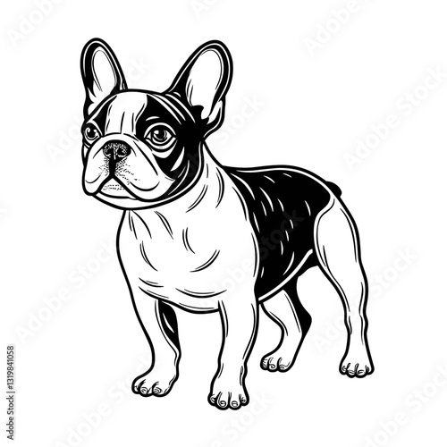 Black and white French Bulldog vector icon in line art style