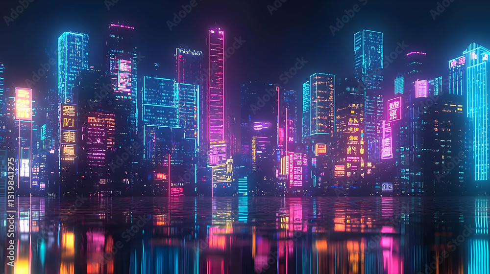 Fototapeta premium A Vibrant Digital Cityscape at Night Featuring Skyscrapers Neon Lights and Reflections in the Water Creating a Futuristic and Colorful Urban Panorama