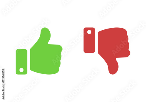 Thumbs up and thumbs down symbols indicate positive and negative opinions in a clear design. Green thumbs up symbol and red thumbs down symbol representing opinions on a white background