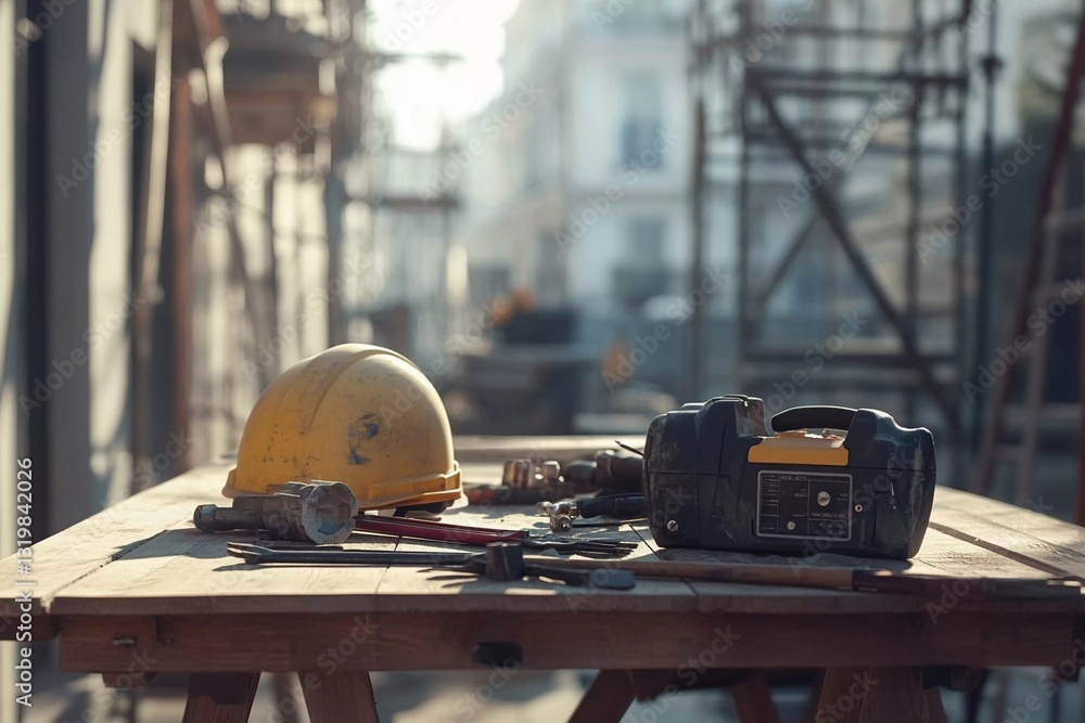 Close-up of power tools and construction helmets Close-up of power tools and construction helmets