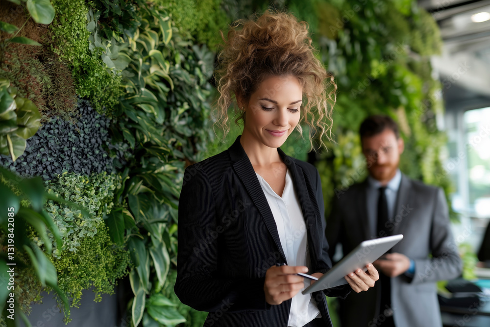 Confident Businesswoman using Tablet in Modern Green Office. Sustainable Business, Growth, and Success Concept Confident Businesswoman using Tablet in Modern Green Office. Sustainable Business, Growth, and Success Concept
