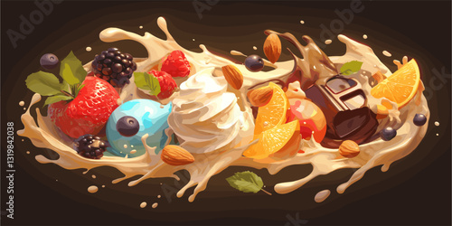 Flat icons set: fruit and dessert splash vector with chocolate, berries, and ice cream.