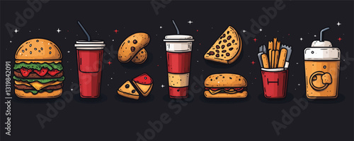 Flat fast food icons set vector - burgers, drinks, snacks on dark background.
