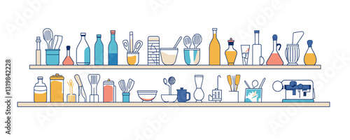 Kitchen utensils and bottles flat icons set – vector linear style.