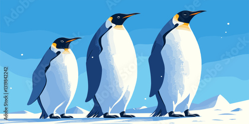 Flat vector icons set of three standing penguins in snowy landscape.