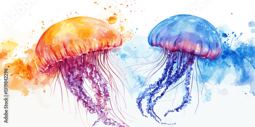 Flat icons set of colorful jellyfish in watercolor style.