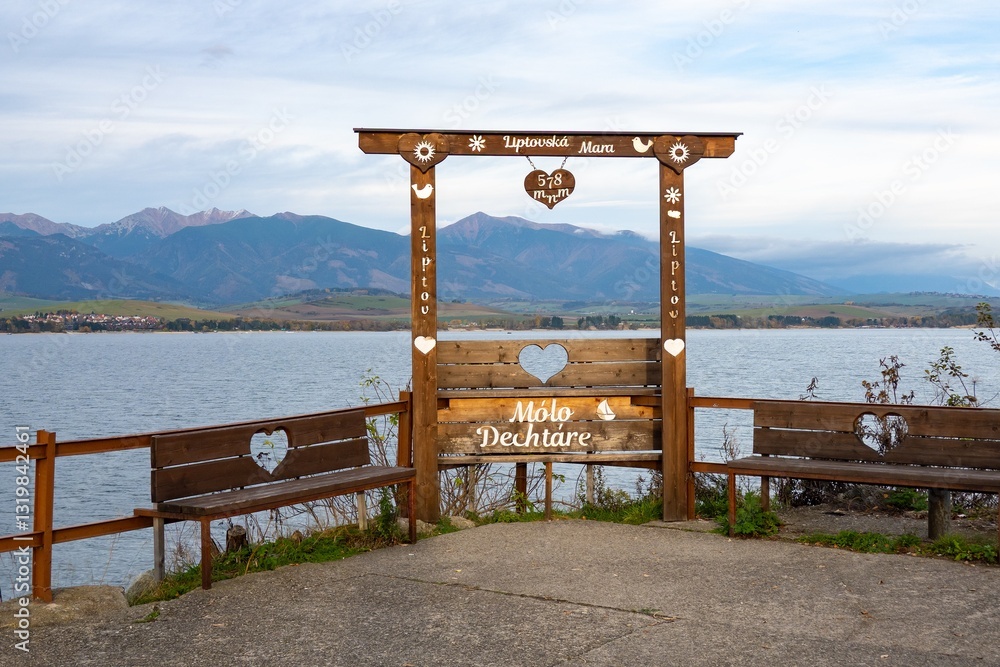 Molo Dehtare pier with gate at Liptovska Mara water dam in Slovakia Molo Dehtare pier with gate at Liptovska Mara water dam in Slovakia