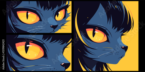 Flat vector icons set featuring stylized blue cat faces with vibrant yellow eyes.