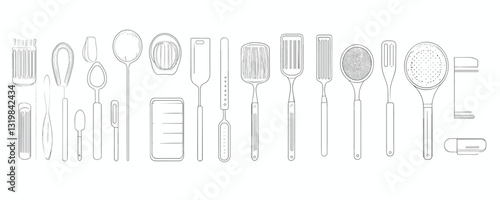 Flat linear kitchen utensils icons set - detailed cooking tools collection for modern design.