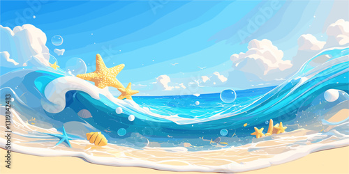 Flat style beach and ocean icons set: waves, starfish, seashell vector graphic.