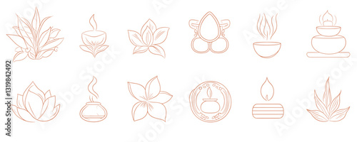 Linear flat icons set of spa elements with plants, candles, and flowers.