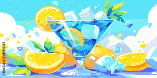 Flat style summer drinks icons set featuring cool lemon beverages and ice cubes.