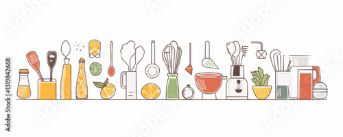 Flat kitchen utensils and appliances icons set in linear vector style.