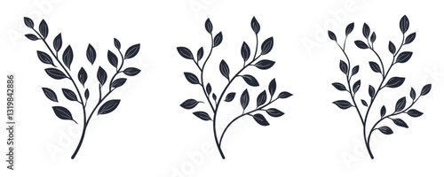 Flat linear leaves icons set - botanical vector illustration of three branch designs.