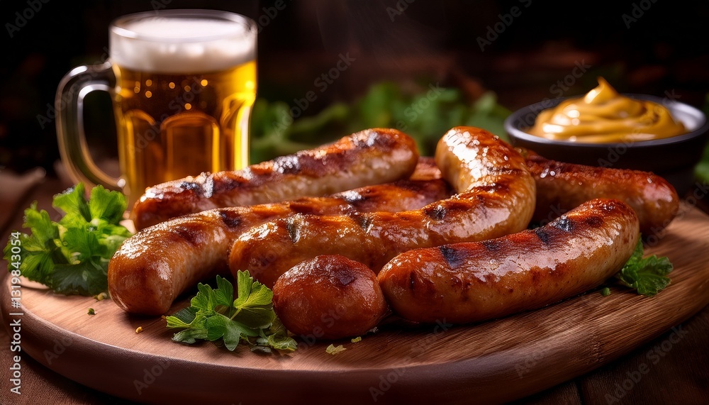 Close-up of crispy grilled sausages on a wooden board with freshly chopped parsley, sauces and a glass of beer Close-up of crispy grilled sausages on a wooden board with freshly chopped parsley, sauces and a glass of beer