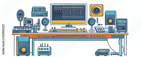 Flat linear icons set of music production studio equipment.