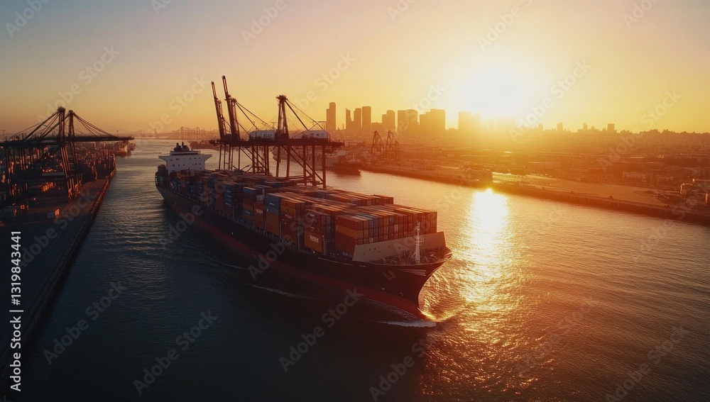 Container ship navigating the channel at sunset with a city skyline Container ship navigating the channel at sunset with a city skyline