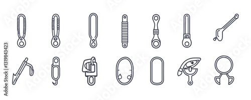 Flat linear icons set of fishing hooks and lures, vector art collection.