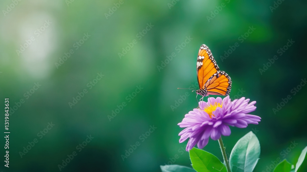 Obraz premium Vibrant monarch butterfly on purple aster blossom in sunlit garden