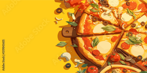 Flat style icons set of italian pizza slices with toppings on cutting board - vector art.