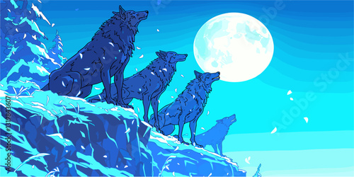 Flat linear icons set - howling wolves under full moon in winter landscape.