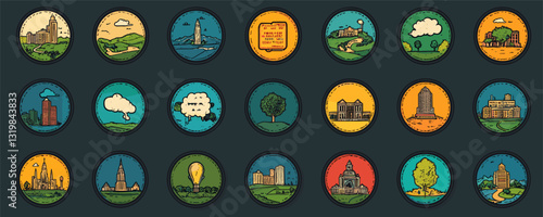 Flat linear icons set of cityscapes and landscapes in circular frames - vector style.