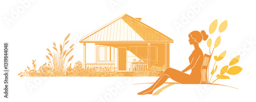 Flat linear icons set: woman relaxing silhouette and house exterior in nature scene.