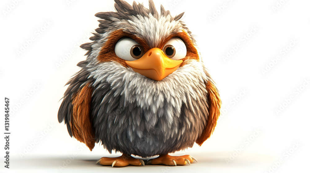 Fototapeta premium Stylized Cartoon Bird Character with Fluffy Plumage in Soft Gray Orange and White Against a White Background in a Frontal Studio Portrait
