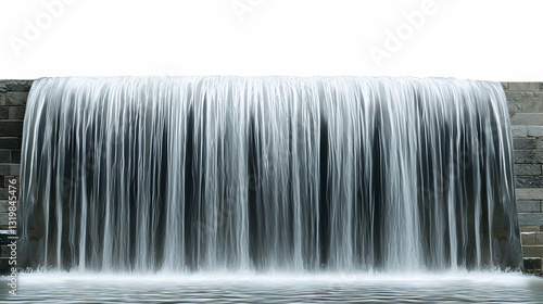Horizontal Panoramic View Of A Cascading Waterfall Flowing Over A Stone Wall With A Focus On The Dynamic Water Movement And Texture