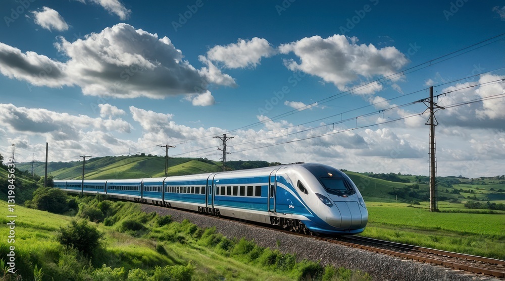 Fototapeta premium High Speed Train Through Lush Green Countryside