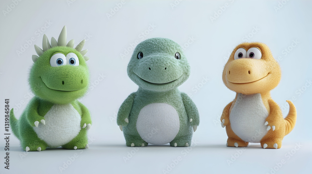 Three Cute Plush Dinosaur Toys Standing Together on a White Background with Soft Lighting and Detailed Texture Three Cute Plush Dinosaur Toys Standing Together on a White Background with Soft Lighting and Detailed Texture