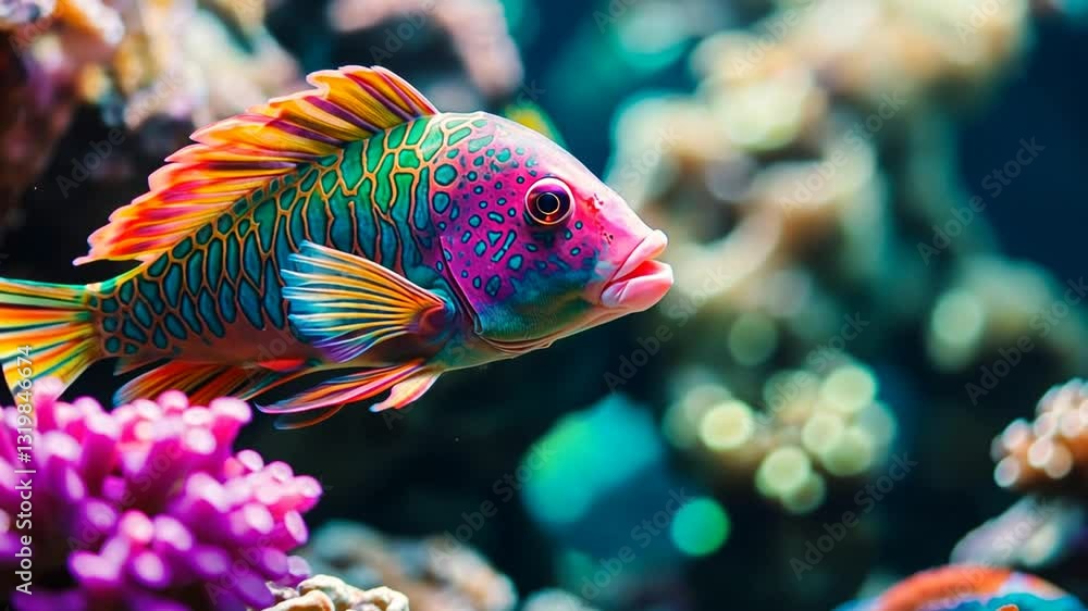 Vibrant Aquatic Life: A Colorful Fish Swimming Amidst a Coral Reef Ecosystem Vibrant Aquatic Life: A Colorful Fish Swimming Amidst a Coral Reef Ecosystem