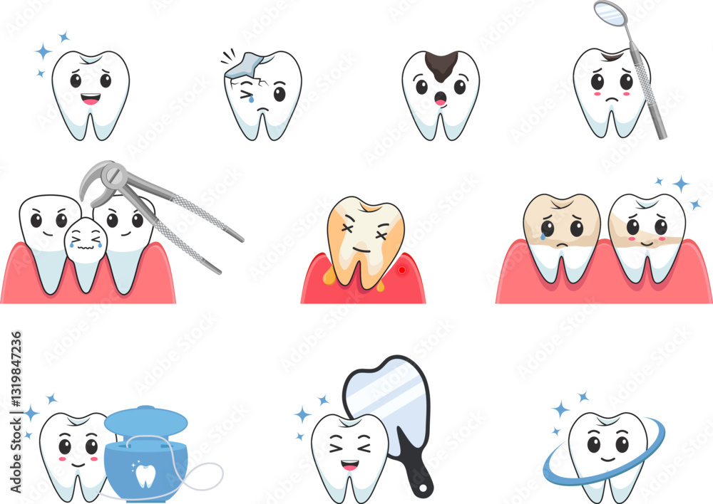 Teeth with smileys. Vector illustration of happy teeth and playful expressions Teeth with smileys. Vector illustration of happy teeth and playful expressions