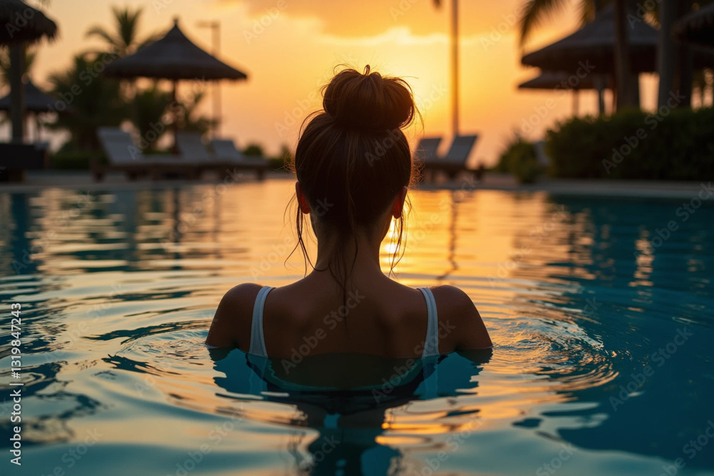 Serene Female Enjoying Sunset Swim in Tropical Infinity Pool Surrounded by Palm Trees
Serene Female Enjoying Sunset Swim in Tropical Infinity Pool Surrounded by Palm Trees