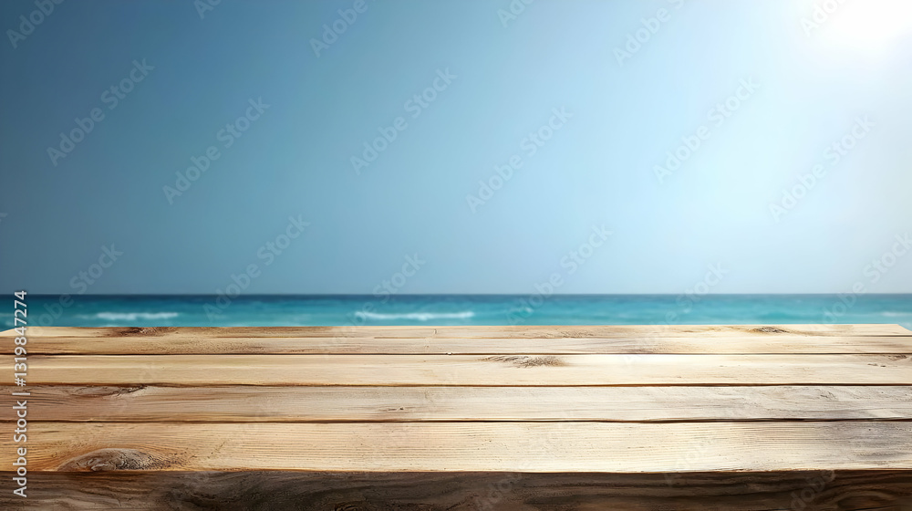 Wooden Table Top with Ocean and Blue Sky Background in Sunny Day Wooden Table Top with Ocean and Blue Sky Background in Sunny Day