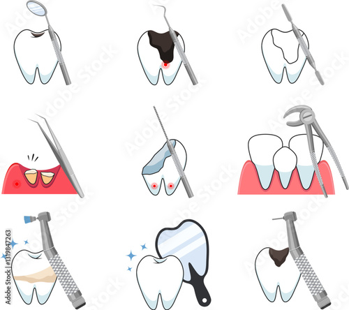 Set of teeth with dental tools. Vector illustration of dental equipment