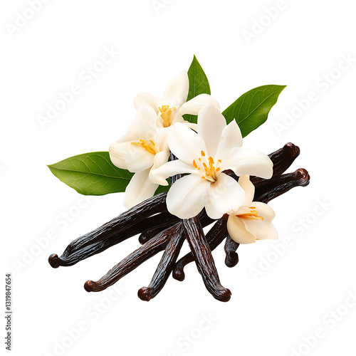 Fresh Vanilla Orchid with Pods and Green Leaves  Transparent Background Image