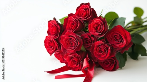 Elegant bouquet of red roses with ribbon on white background.
