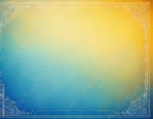 background in muted soft blues and yellow with a decorative border