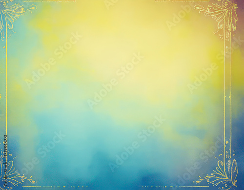 background in muted soft blues and yellow with a decorative border