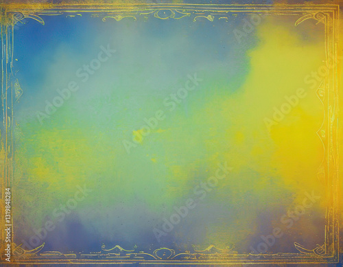 background in muted soft blues and yellows with a decorative border