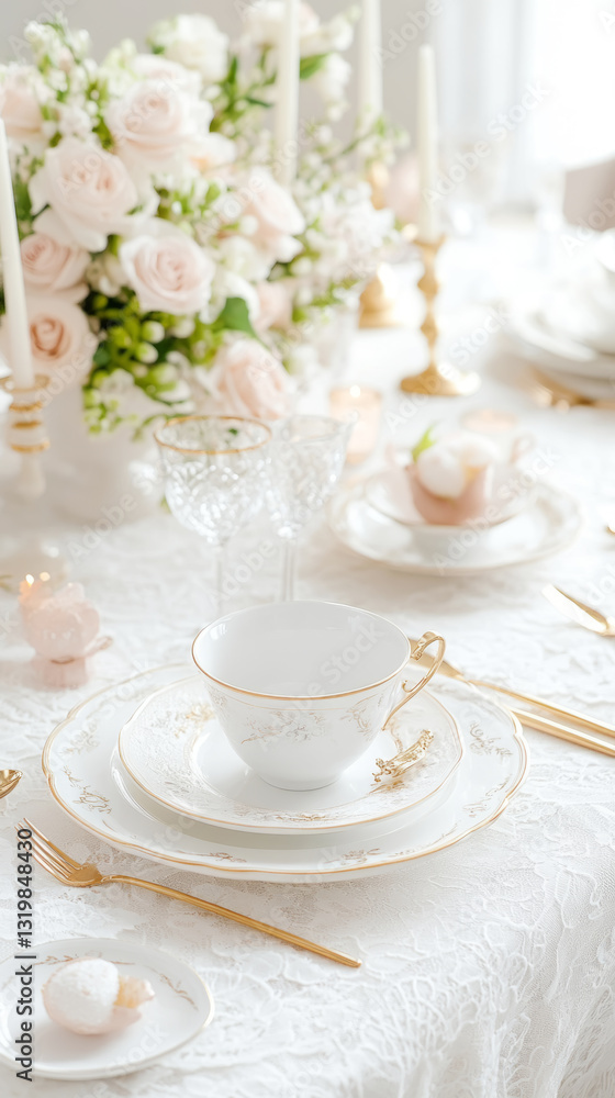 Elegant wedding table setting with fine china and floral centerpiece Elegant wedding table setting with fine china and floral centerpiece